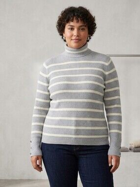 TALBOTS XL Petite Ribbed Knit Striped Turtleneck Sweater White Gray Metallic NWT